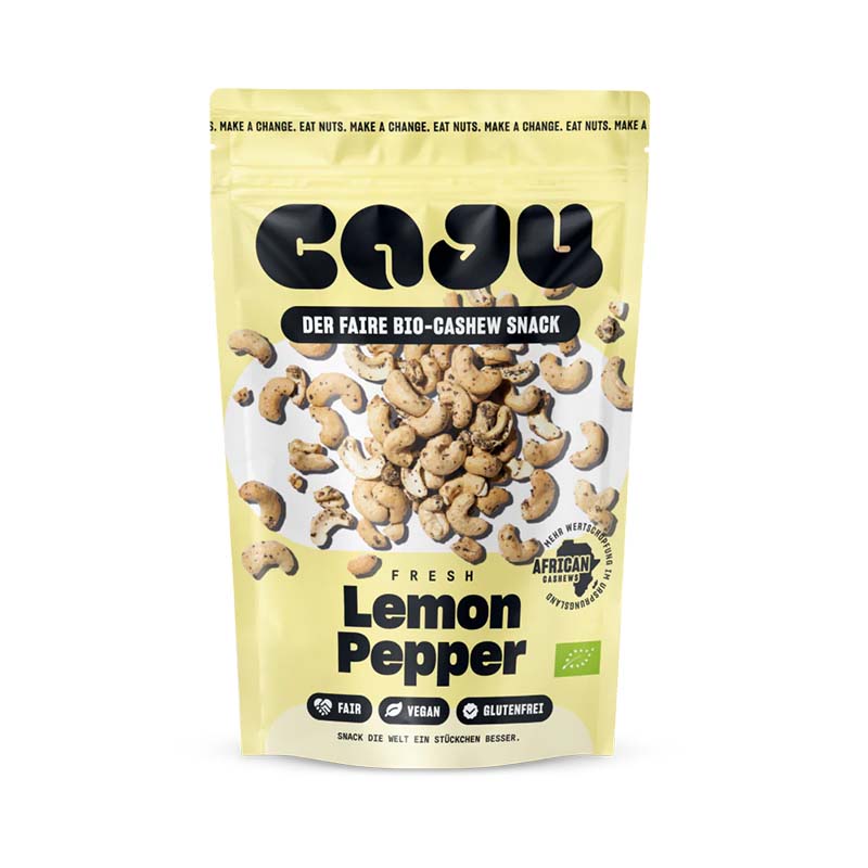 Caju Lemon Pepper - Geröstete Bio-Cashewkerne mit Pfeffer und Zitronengeschmack - shopstartups.de | Startup Produkte